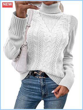Turtleneck Cable Knit Fitted Sweater Pullover Long Sleeve Slim Fit